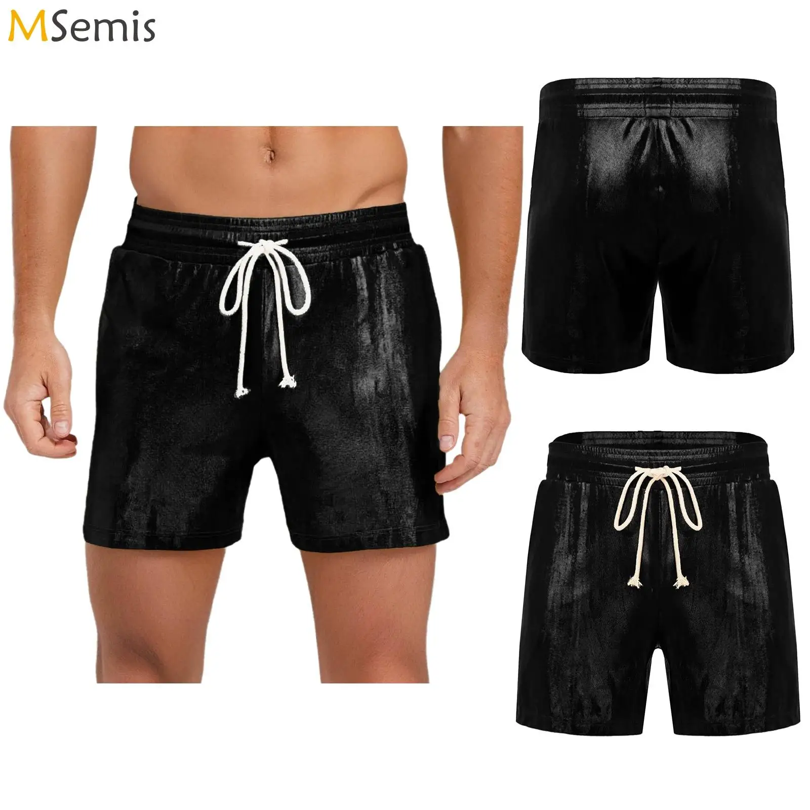 

Мужские металлические мерцающие шорты с эластичным поясом и карманами на шнурке, глянцевые свободные шорты, мужские плавки, пляжная одежда