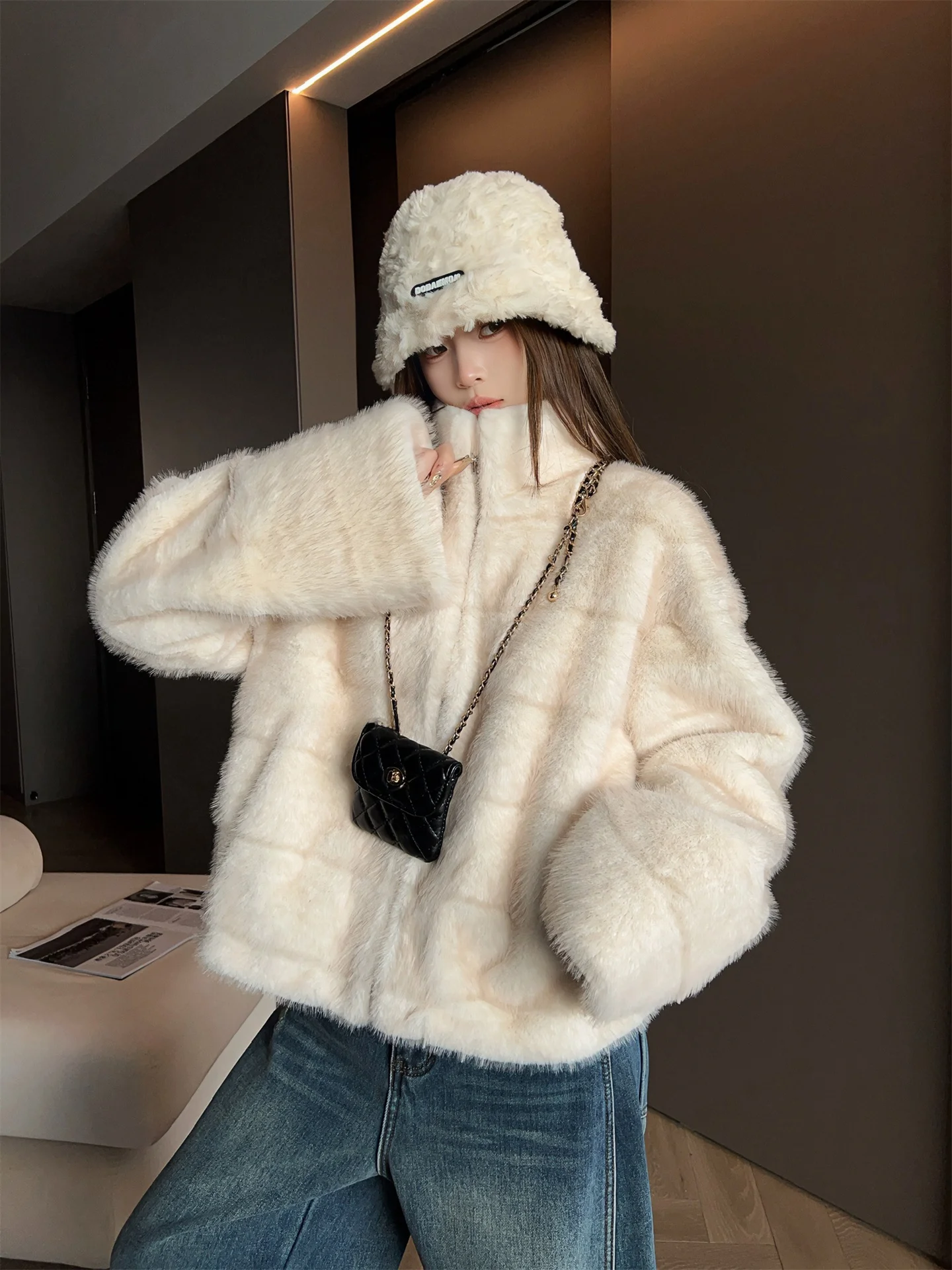 Retro Plu Outerwear Women's Loose Fur And Leather Inteated  Simple Sle Long Sve Zipper Closure  Color