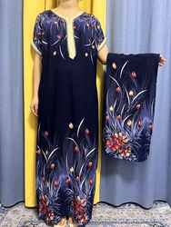 Abayas muçulmanas com flor curta para mulher, robe de algodão, decote em v, slim fit, africano, Nigéria, vestido tradicional com turbante, verão, 2023