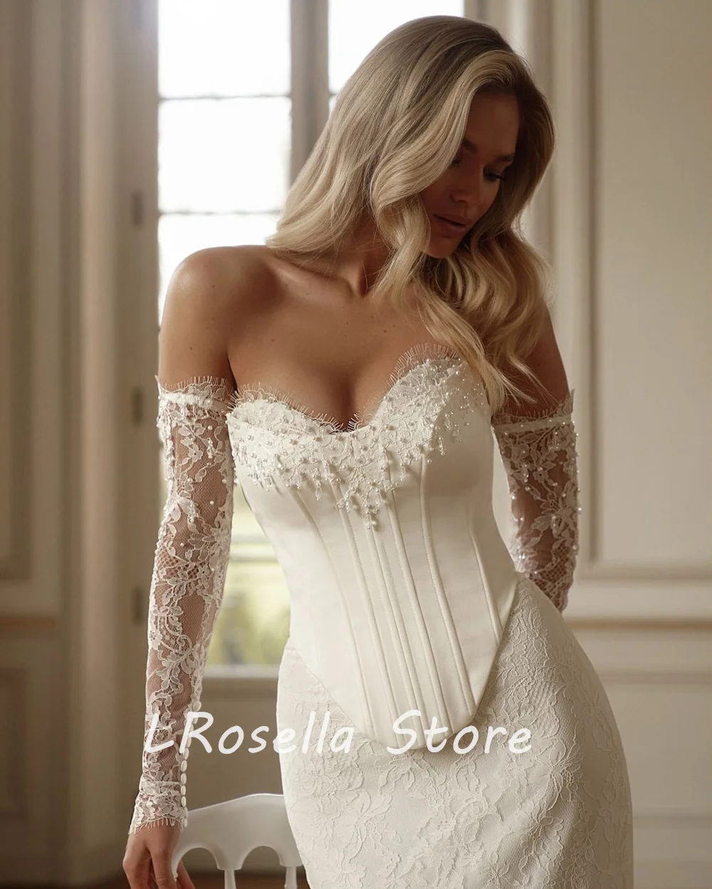 Lrosella vestido de casamento sexy querida miçangas sereia manga longa elegante estilo requintado luxo فسات2024 com trem varredura