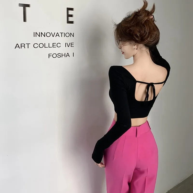 Backless Korean Fashion Crop Tops Women Long Sleeve Kpop T-shirts Vintage Y2K Tees Sesy Slim Winter Cheap Clothes Woman Tshirt