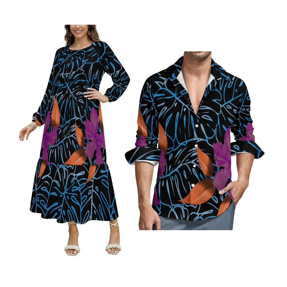 Summer Custom‑Made Comfortable And Soft Fabric Couple's Clothing Polynesian Women's Casual Dress Men's Long‑Sleeved Shirt