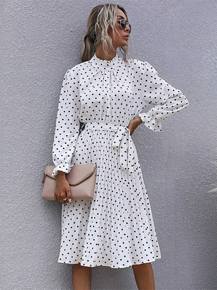 Msfilia Polka Dot Print Dress Women Half Turtleneck Butterfly Sleeve Autumn Winter Slim Bandage Dress