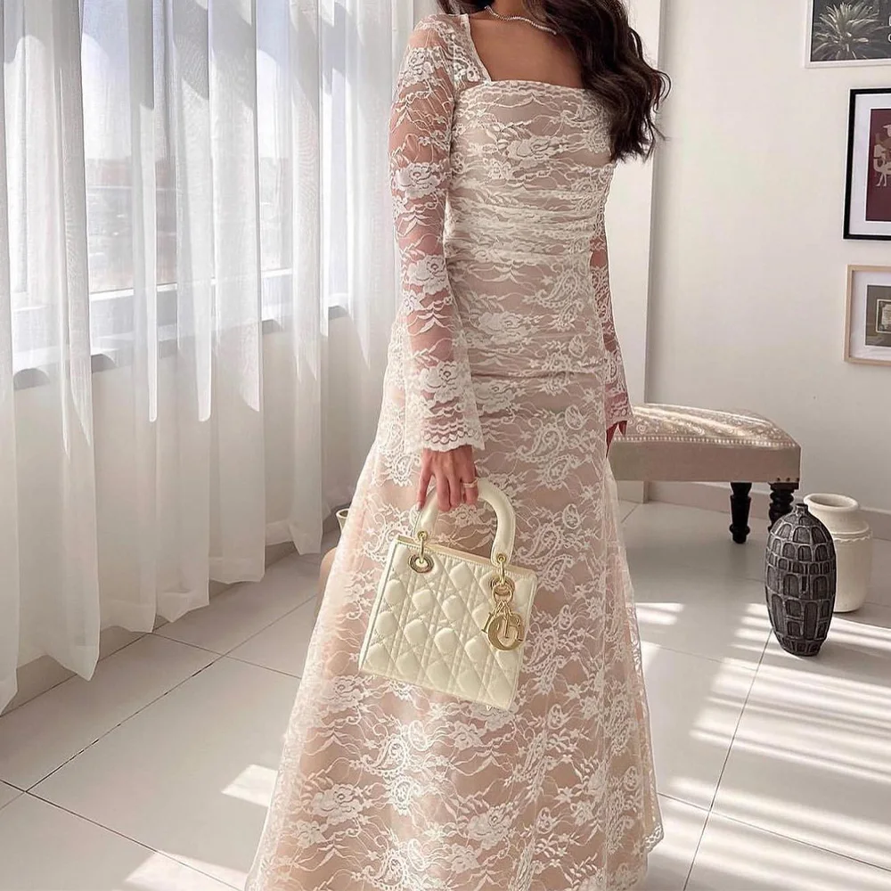 

Customized Delicate Lace Square Neck Ankle Length Vestidos De Fiesta A-Line Jersey Long Sleeves Lace Up Back платье вечернее