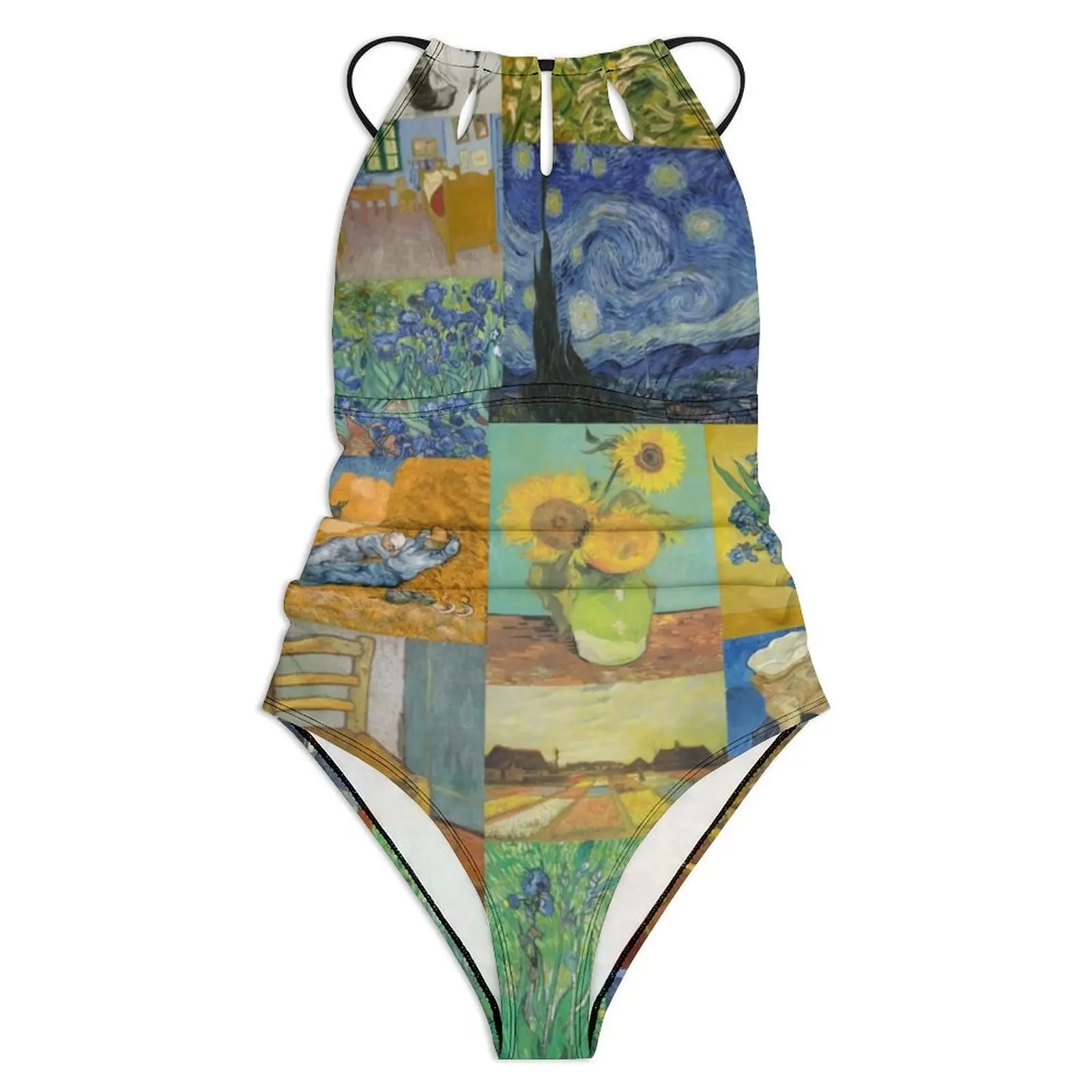 Van Gogh Collage Swimsuit Sexy Sunflowers Print Women Swimwear One-Piece Sweet Swimsuits Surfing Push Up Halter Monokini