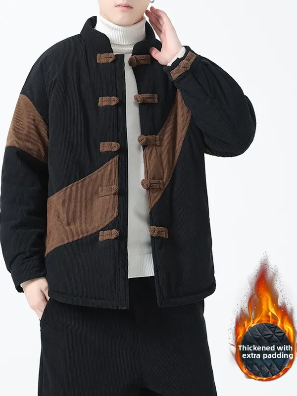 

Thiened Corduroy Cotton Jaet for Men with Button Loose Winter Warm Outerwear Chinese Sle Hanfu New Sle Youth Casual