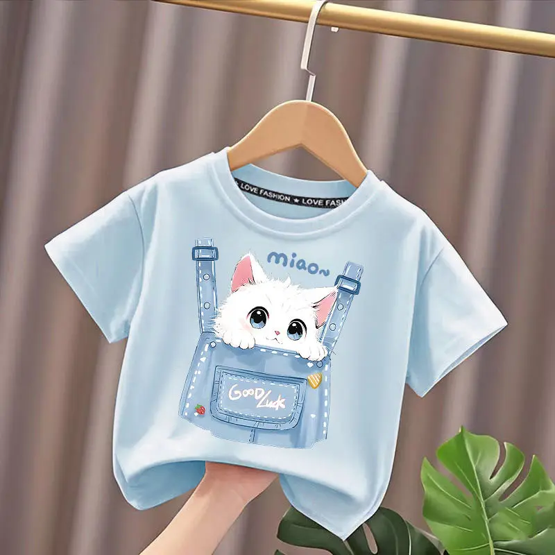 Kitten Overalls Printed Summer Children's Pure Cotton Short Sleeved Loose Half Sleeved Parent-child Fashionable Versatile Tshirt