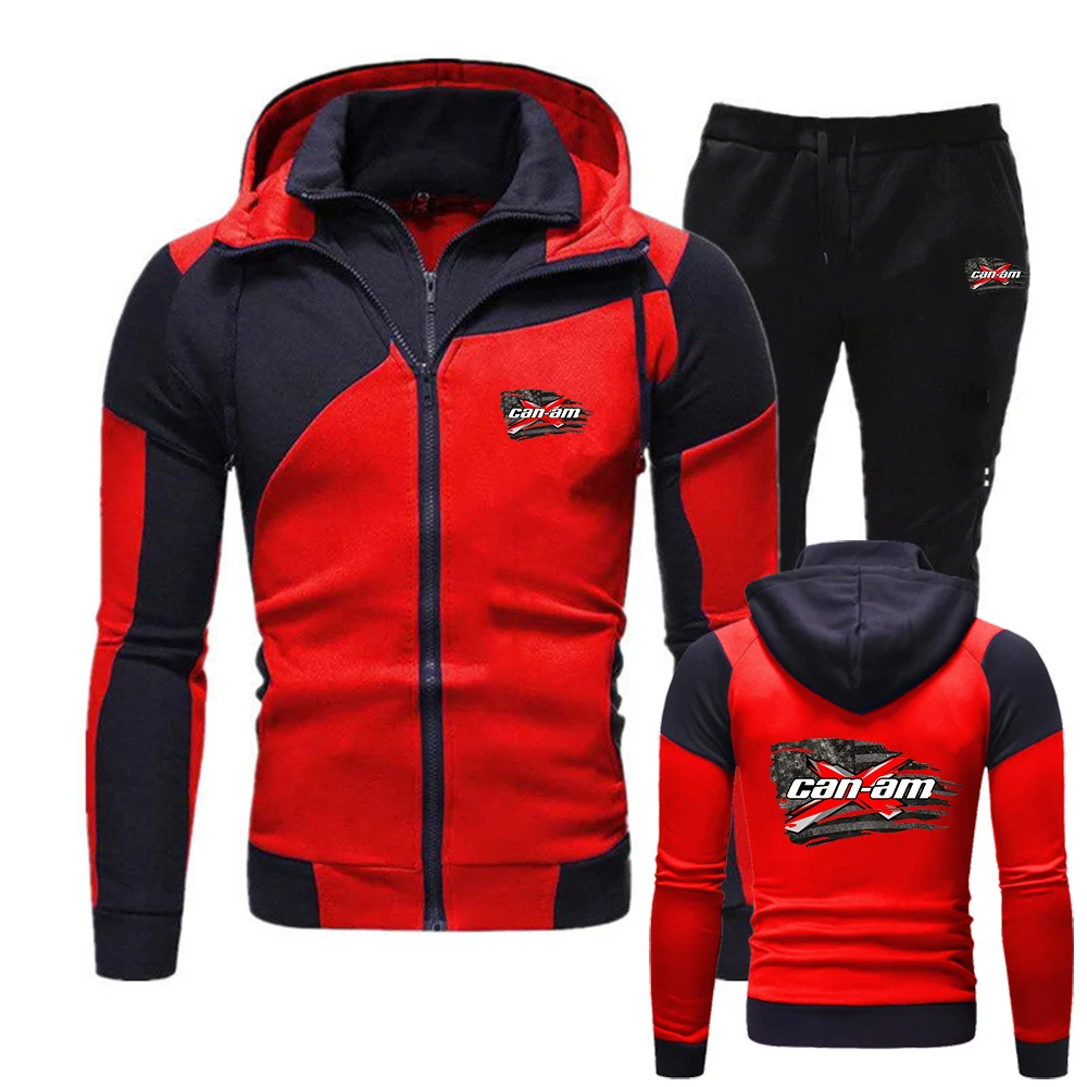 2025 Spring Autumn BRP Can Am Motorcycle Print Men's Diagonal Zipper Sports Sets Splicing Hoodies + Leisure Sweatpants Suit