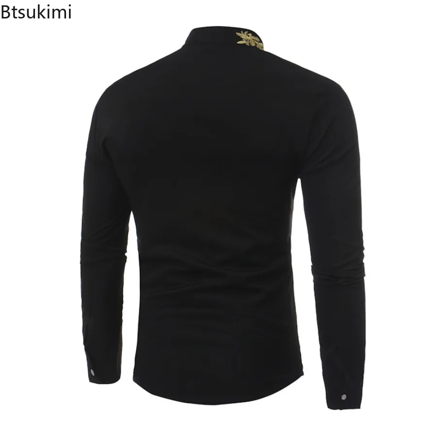 Spring Autumn New Men's Solid Simple Casual Shirts Fashion Embroidery Stand Collar Single Breasted Business Party Dress Shirts