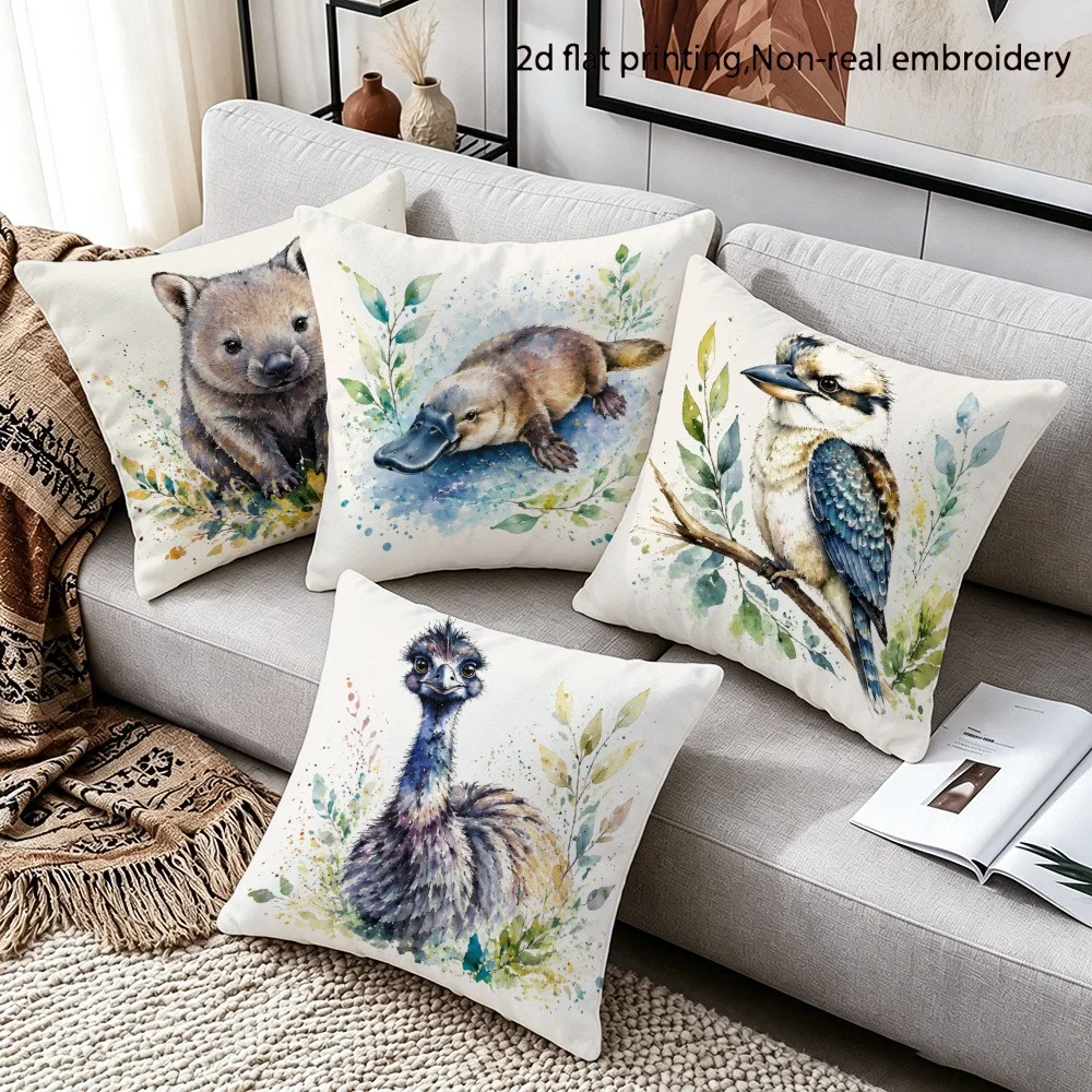 4pcs Cute Animal Pillow Case, Watercolor Wombat Koala Cushion Cover, Kookaburra Emu Art, Nature Pet Decor Soft Sofa Throw Pillow
