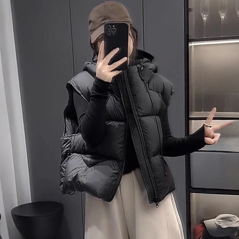 

Short Hooded Cotton Vest Jacket plus Size Fashionable Autumn Winter New Style Korean Loose Fit Women's Clothing without Brand