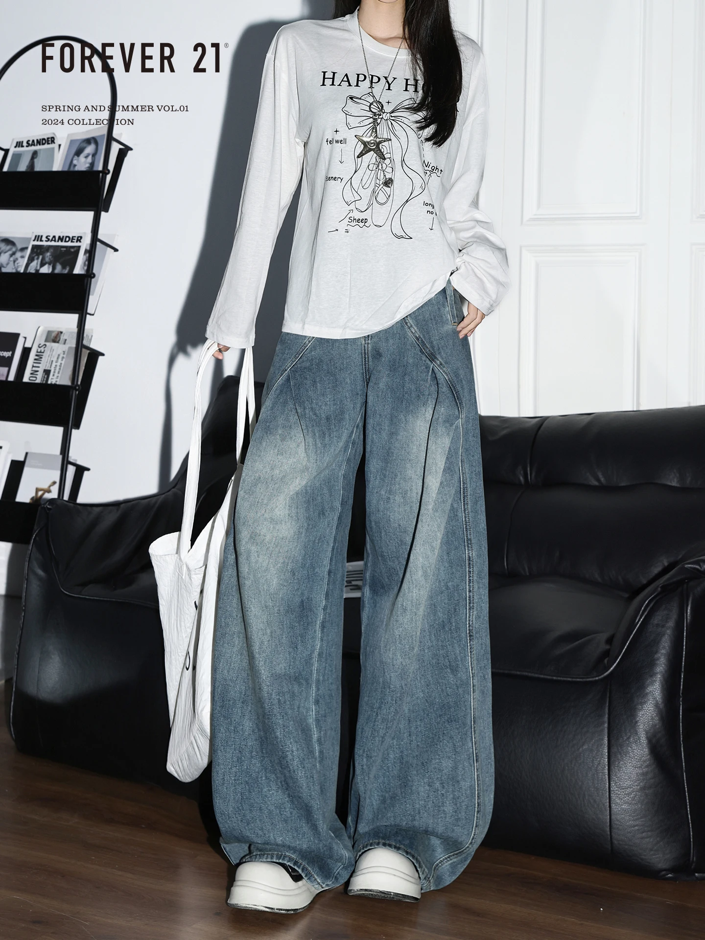 High Waist Wide Leg Blue Jeans Women's Loose Fit Forever 21 Retro Style Autumn Winter Fashion Treet Trunk Shaped Denim Pants