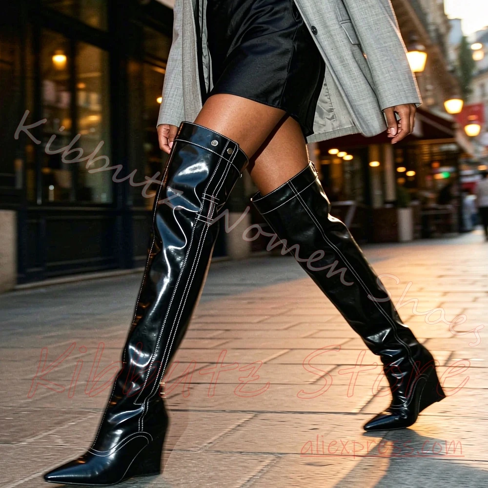 Over Knee Boot Women Pointed Toe Wedge Leather Tall Shoes Side Metal Button Y2K Alt Fashion Footwear Luxury Solid Color Sexy New