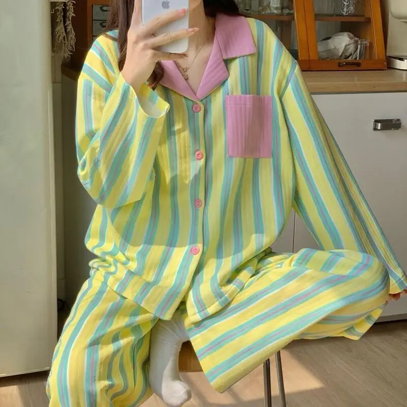 

Korean style Women's pajamas color blocking stripe autumn winter Sleepwear new model thicken keep warm two-piece set homewear