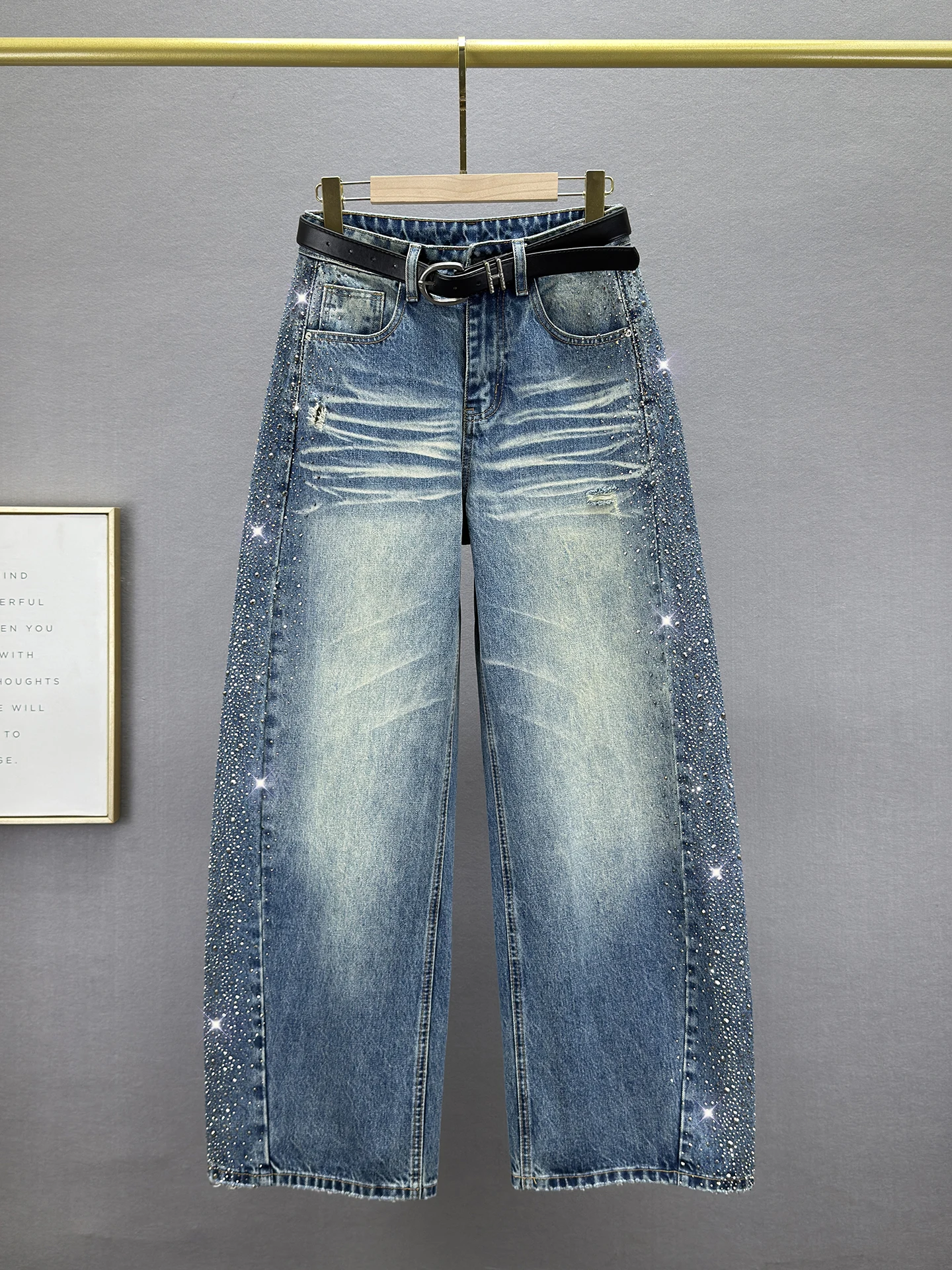 

High Waist Loose Fit Rhinestone Embellied Vintage Sle Women's Jeans Spring 2026 Slimming Effect Casual Long Trousers