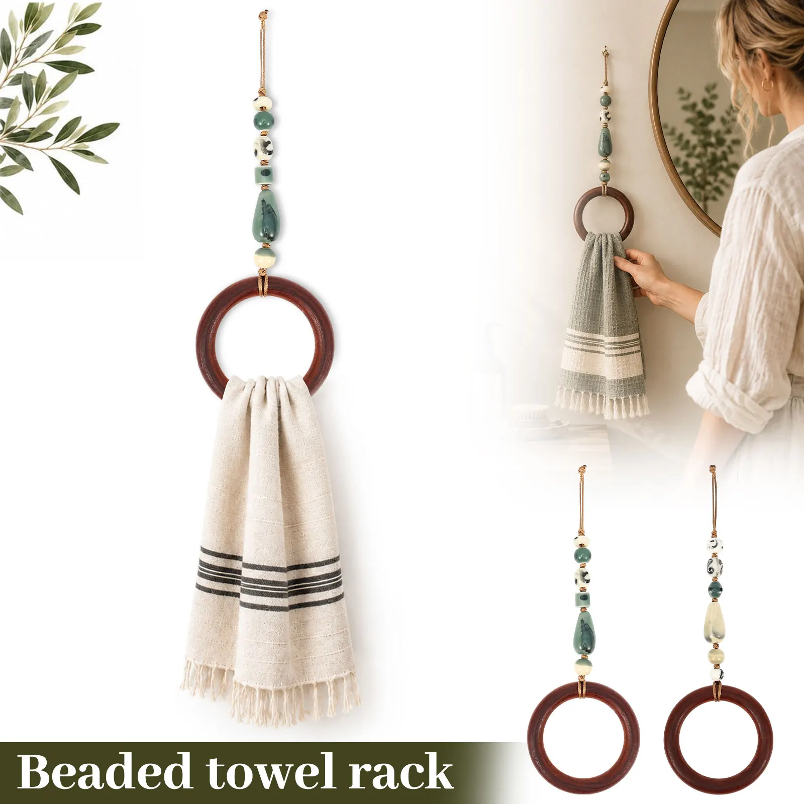 Decorative Beaded Towel Hanger Green Bead Mixed Hand Towel Holder with Wooden Ring for Bathroom Kitchen Decor Housewarming Gift