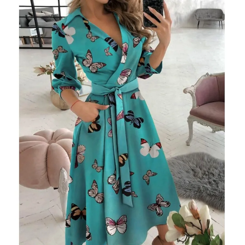 Office Women Casual Sashes A-Line Wrap Summer Dress 2024Print Long Sleeve V-Neck Dress Pocket Elegant Midi Party Dress Vestidos