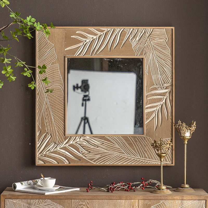 

American retro solid wood square makeup mirror creative carved wall hanging mirror bedroom wedding studio makeup mirror