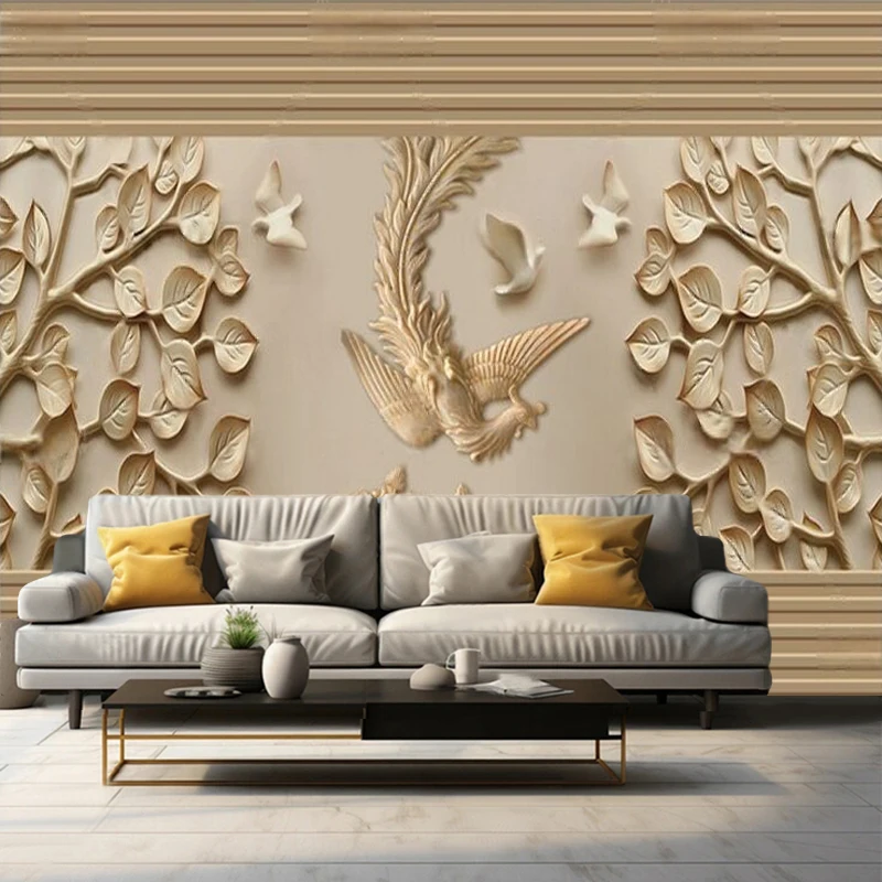 Chinese-Style Fashion Relief Leaf Phoenix Peony Light Brown Personalized Ink Wash Traditional Chinese Painting Background Wall