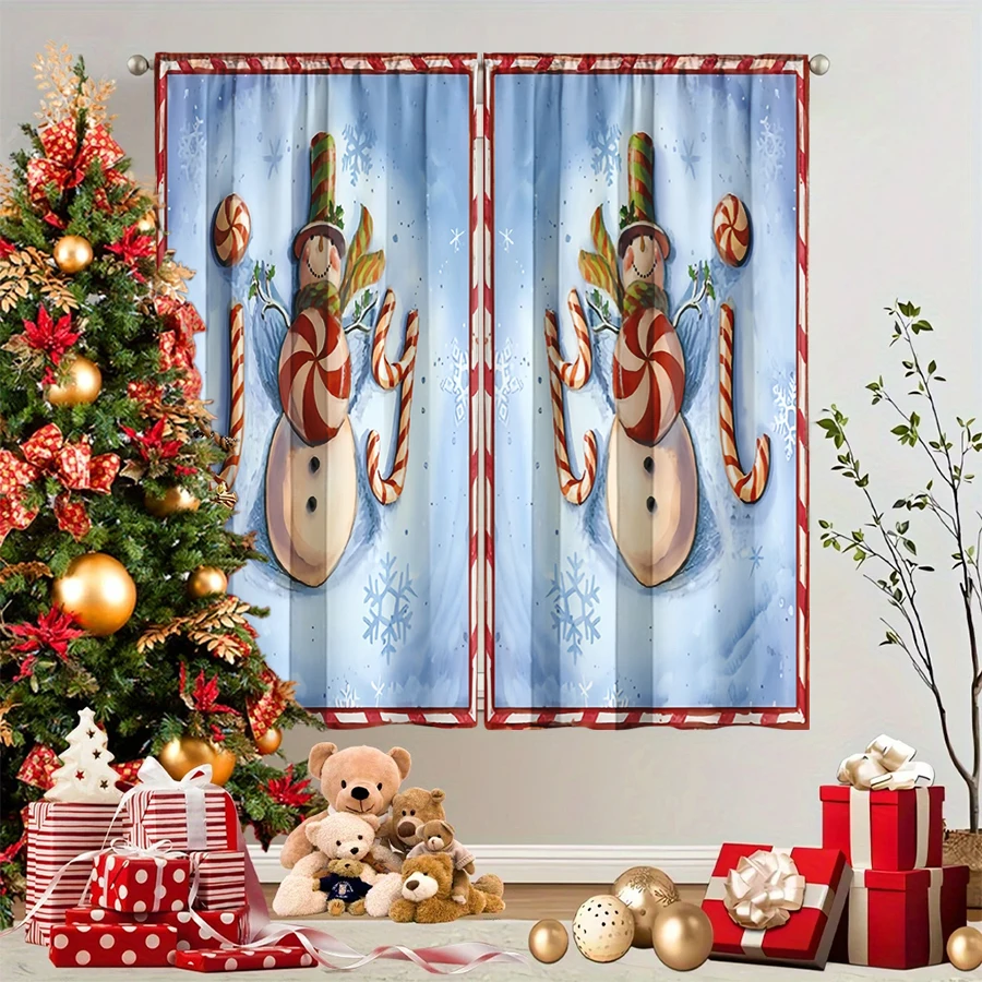 2PCS Christmas Winter Curtains, Candy Cane Snowman Joy Letter Blue Border, Digital Print, Bedroom Living Room, Home Decor