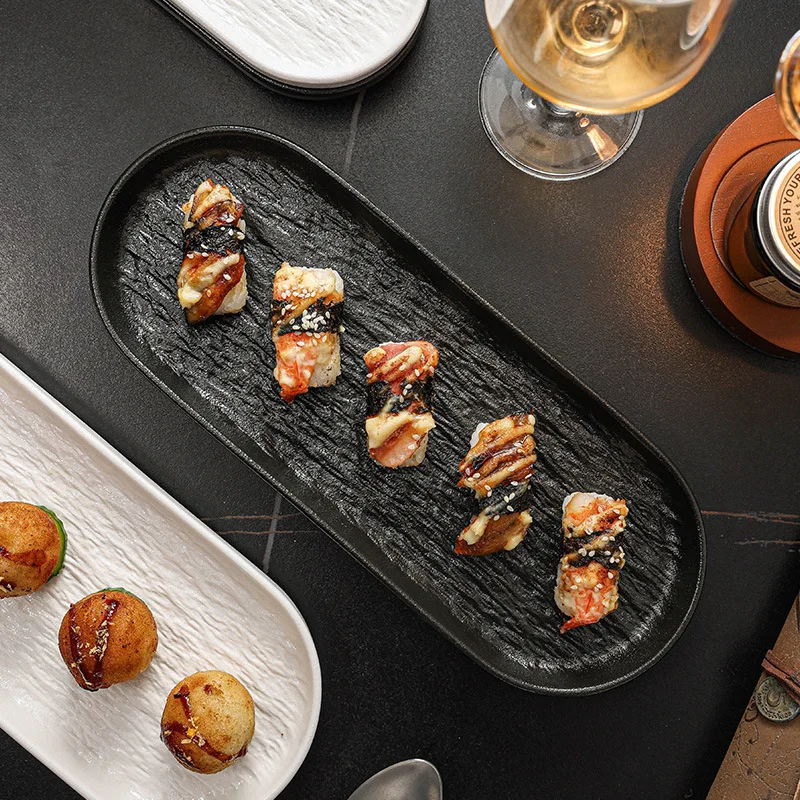 Rock Texture Long Ceramic Plates, Stylish Rectangular Sushi & Sashimi Plates, Multi-use Serving Trays for Home & Catering