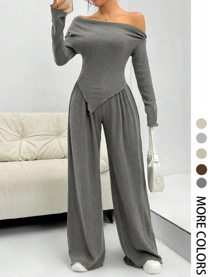 

Women's Solid Off Shoulder Asymmetrical Tee & Elastic Waist Pants Two-piece Set, Long Sleeve Ribbed Top & Lettuce Trim Trousers