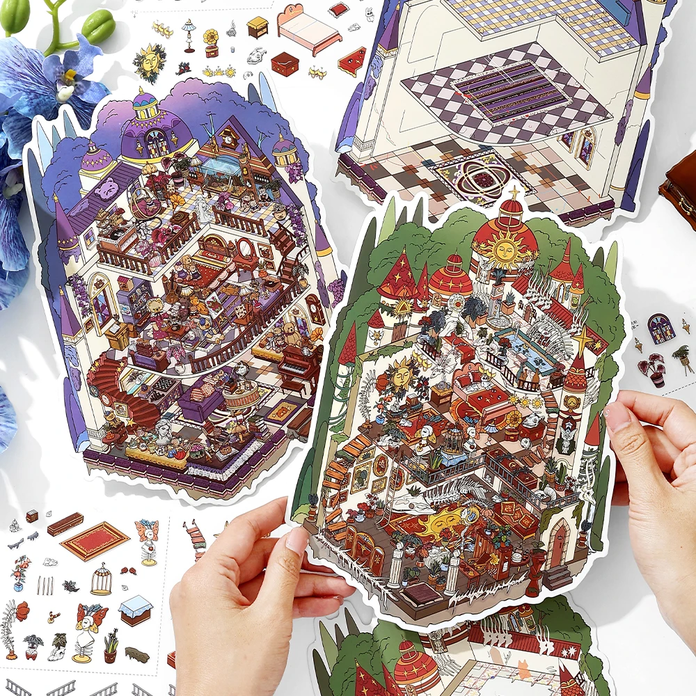 JIAMEI Kawaii 3D Miniature Scene Cartoon Folding Cabin Landscape Stickers DIY Handmade Stacking Scrapbook Sticker Child Gift