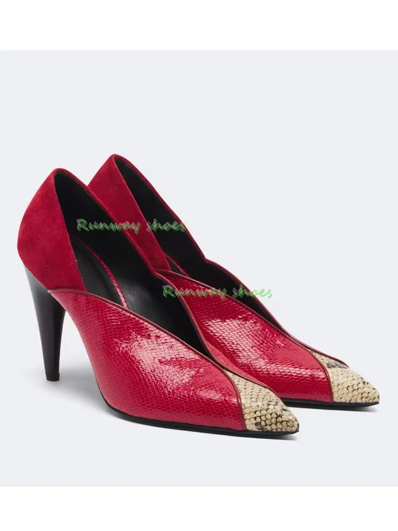 Pointed Tip V-mount Color-Blocking Serpentine Pattern Splicing High Heel Suitable Red Evening Dinner Banquet Women's Shoes