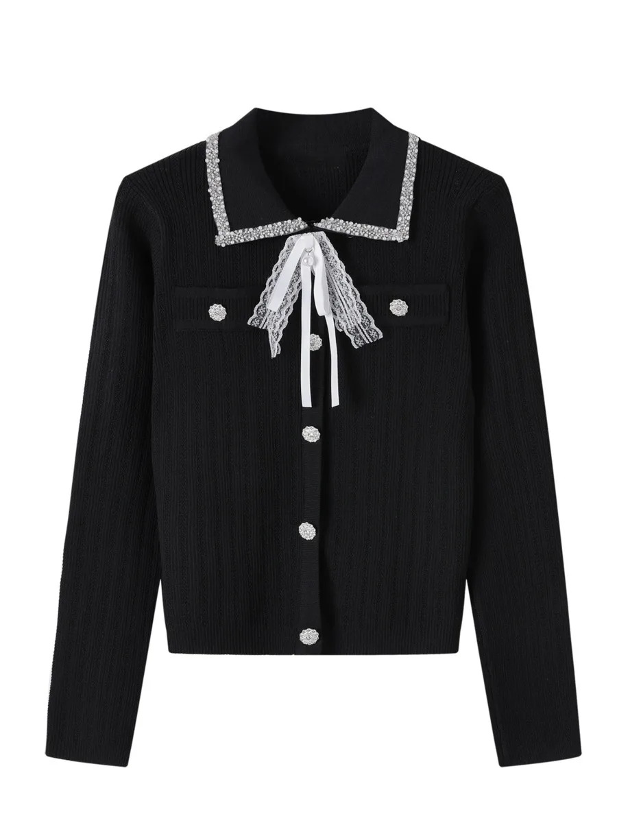 

New Autumn Knitted Cardigan Sweater Women's Clothes Elegant Versatile Solid Button Lapel Bowknot Beading Knitwear Tops Jumper