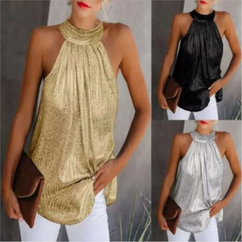 

Women's Fashion Shiny Halter Neck Tank Tops Vest New Summer Casual Solid Sleeveless T Shirt Blouse Black Gold Silver Streetwear