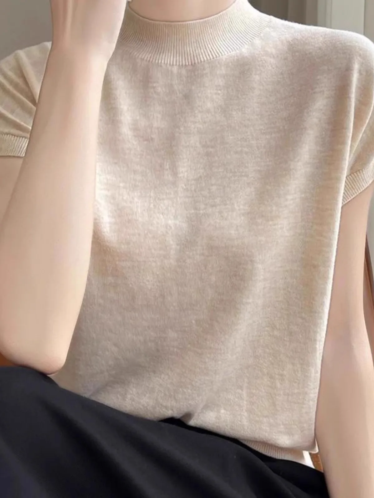Women's Knitted ort Sve Slim Fit Base irt f High Collar Spring Autumn New Sle Exquisite Spinning oulder T-irt