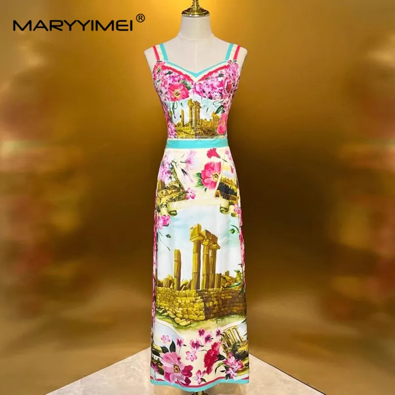 

MARYYIMEI New Style Fashion Designer Women's Suit Spaghetti Strap Cotton Tops+Straight Slim Silk Skirt Print 2 piece set