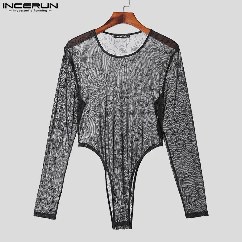 INCERUN 2023 Sexy New Mens Bodysuits Stylish See-through Jacquard Abstract Face Rompers Leisure Thin Long Sleeve Jumpsuits S-3XL