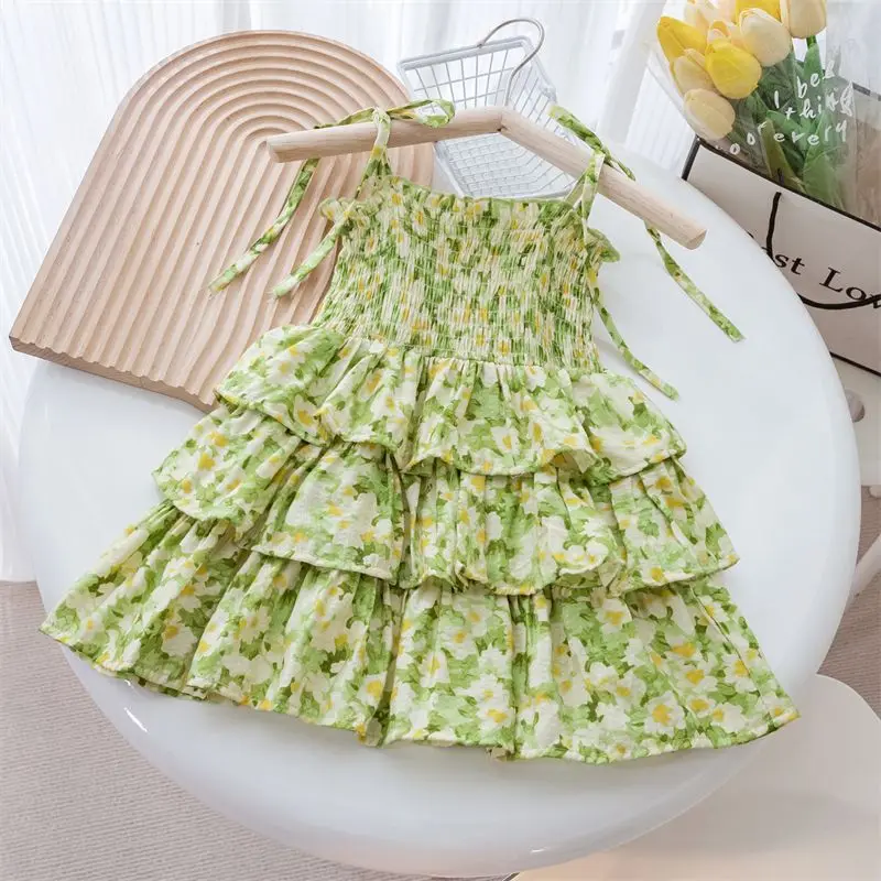 

Sweet Girl Chiffon Floral Dress Summer Breathable Camisole Cake Skirt Baby Daily Travel Party Clothes Family Friends Gifts