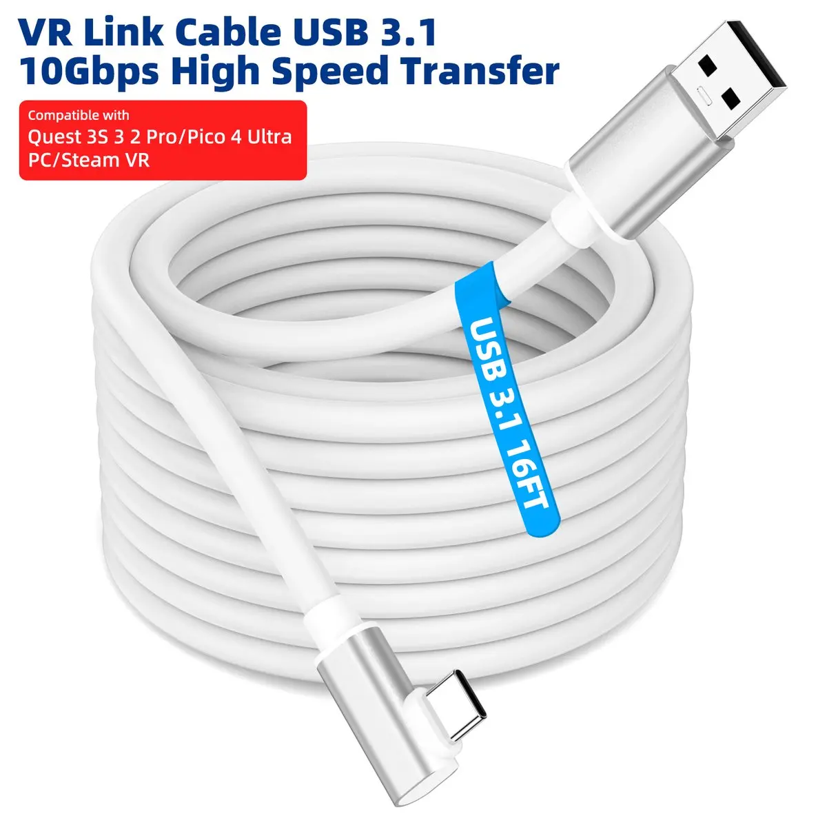 VR Link 5M/16FT 10Gbps Cable for Meta/Oculus Quest 3S 3 2 Pro/Pico 4 Ultra and PC/Steam VR Type C USB 3.1 High Speed Data Cable