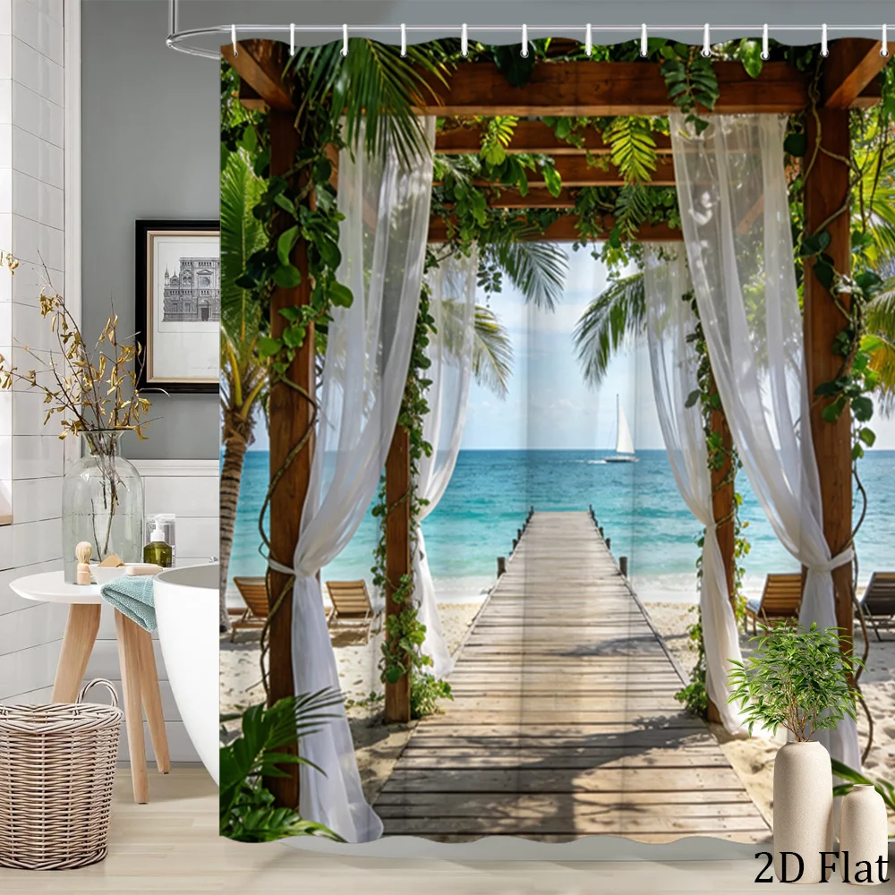 1pc Tropical Paradise Shower Curtain Decorative Beach Scene with Sailboat and Lush Greenery Bathroom Decor Bath Hanging Curtain