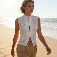 Y2K Aesthetic Solid Color Lace Crop Top Sleeveless Chinese Frog Button Vest Women's Summer Party Streetwear - Image 5