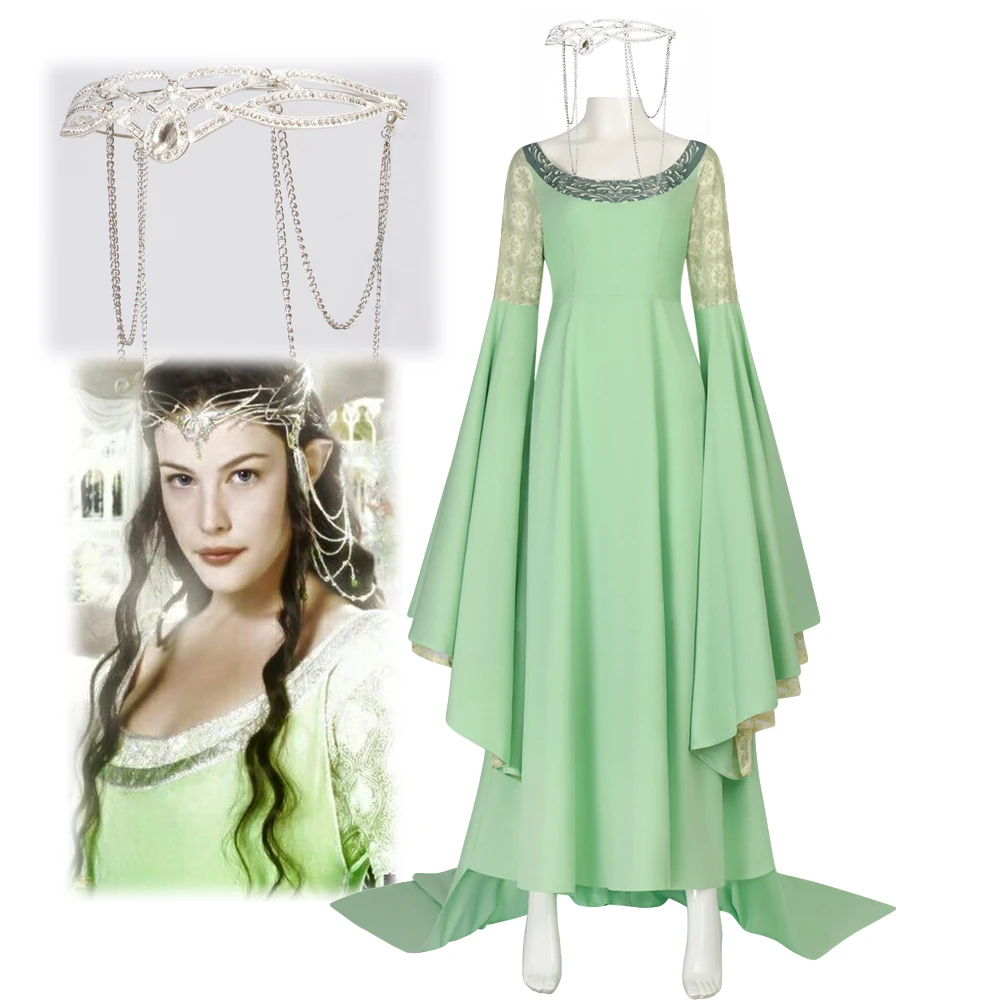Arwen Cosplay Green long Dresses Wide Sleeve Crown props Elven Princess Lady Costumes Halloween Carnival Party for Woman