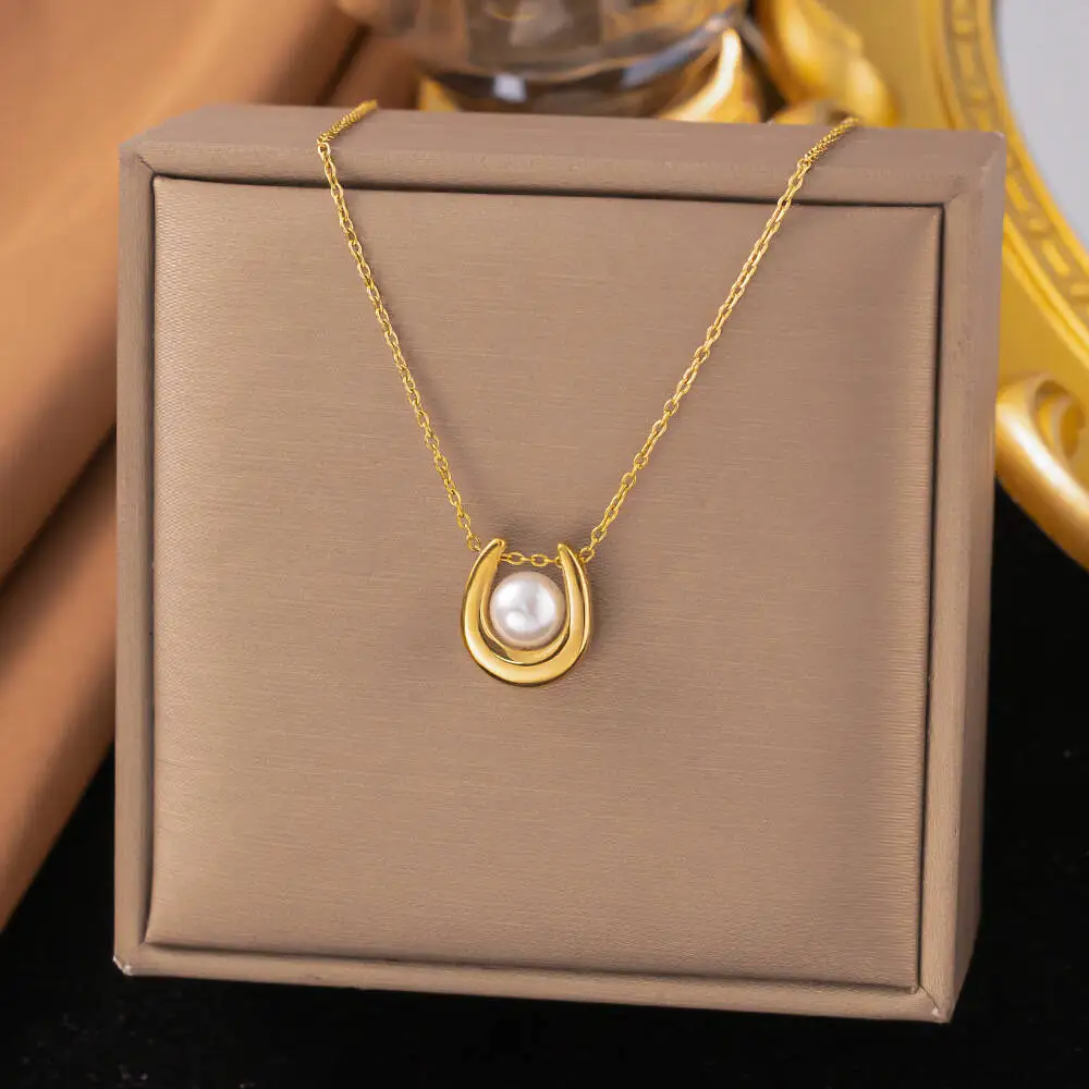 Women Dainty U Curve Imitation Pearl Titanium Steel Necklace, Thin O Chain Waterproof Anti-rust Ladies Neck Pendant Gift
