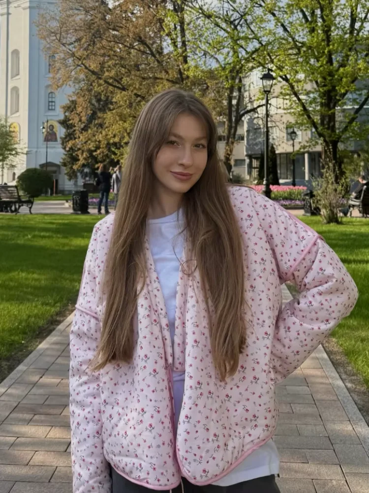 Słodka Różowa Sznurowana Bawełniana Kurtka Damska Moda Luźny Kwiatowy Nadruk Długi Rękaw Dekolt V Bluzki Jesień Zima 2025 Odzież Wierzchnia Damska Streetwear