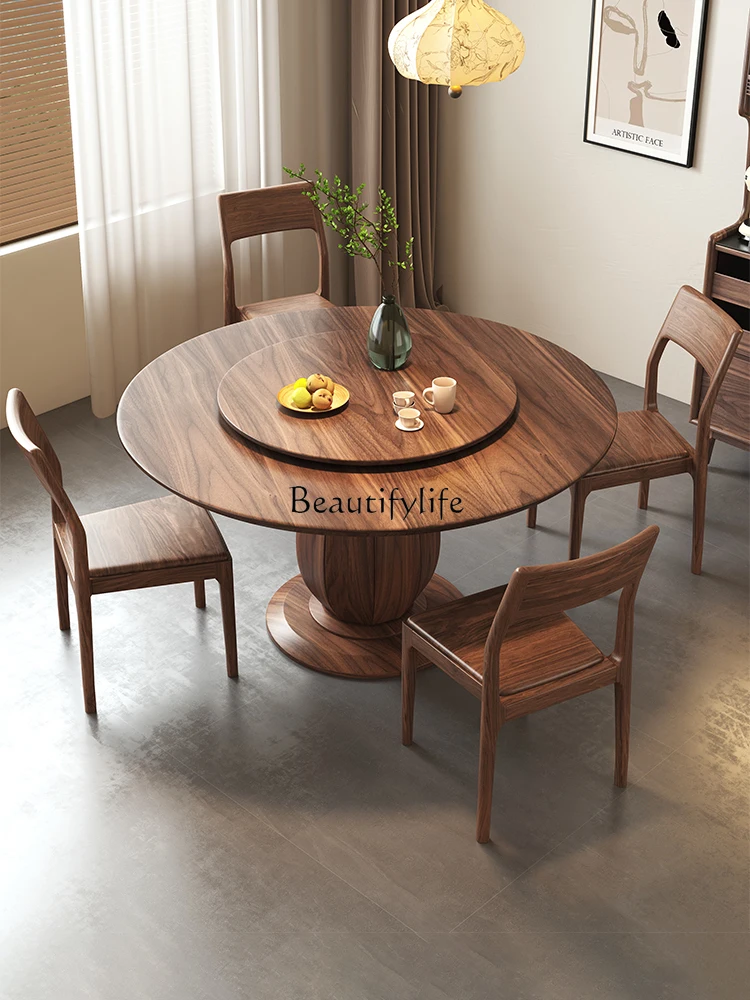 

New Chinese black walnut round dining table household high-end solid wood turntable