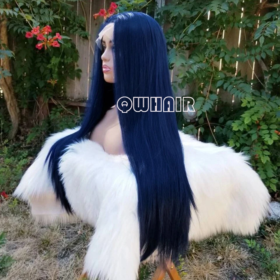 QW Synthetic Hair Dark Blue  Straight Soft 13X4  Lace Front Wig For Women Hair Heat Resistant Fiber Cosplay  Daily