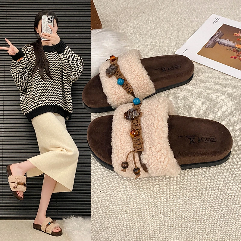 

2025 НОВЫЕ высококачественные и хит продаж меховые тапочки, женская верхняя одежда, осенне-зимние новые вязаные теплые хлопковые тапочки