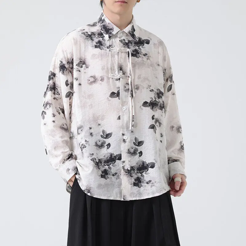 M-5XL Ink Print Chinese Button Knot Tang Suit Shirt - Elegant & Stylish Traditional Design for Men & Women Perfect for Cultural