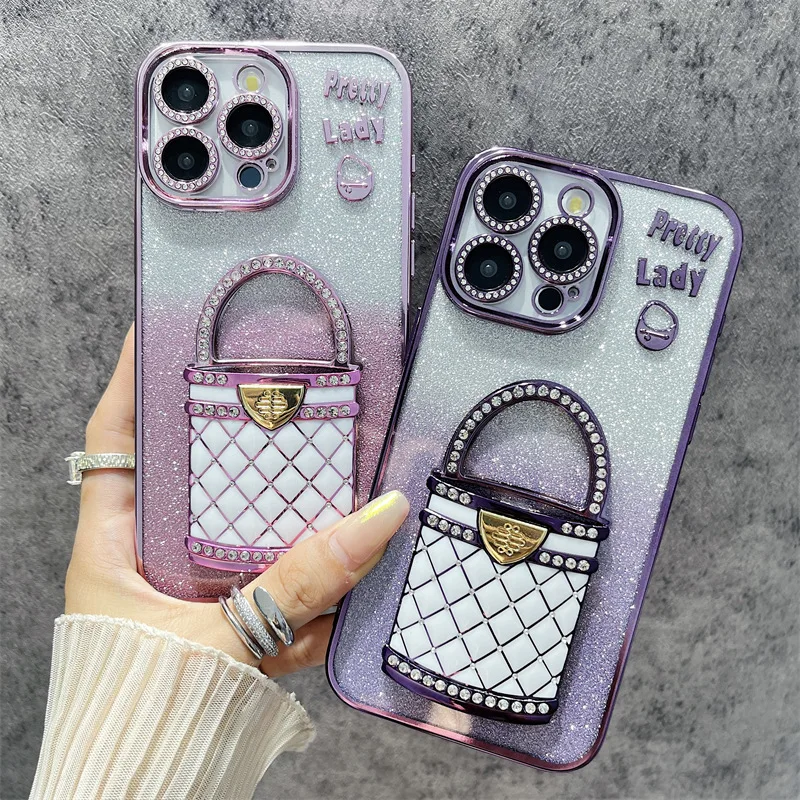 3D Rhinestone Bag Invisible Stand Mirror Glitter Phone Case For iPhone 16 15 14 13 12 Pro Max Plus 11 Seismic Plating Cover