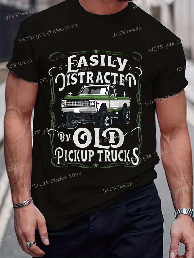 

Easily Jistracted By Old Pickup Trucks Print Men T Shirt Summer Round Neck Funny Truck Tops Harajuku Short Sleeve Male T-shirts