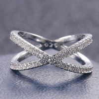 925 Sterling Silver Luxury Cross X Shape Women Engagement Ring Full Paved CZ Stone Elegant Simple Female Jewelry