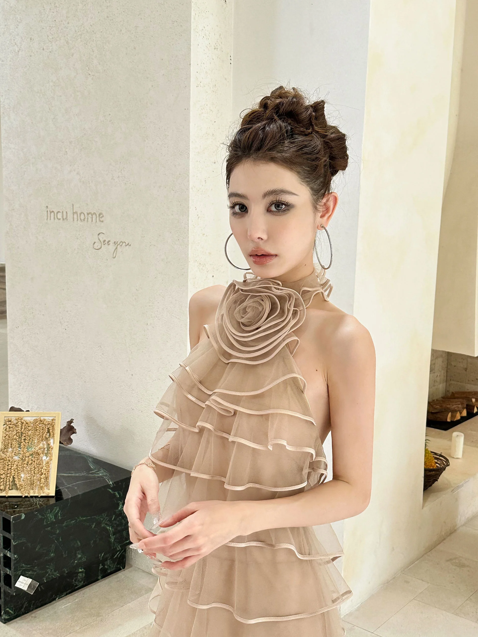 Magnólia pétalas em camadas svel chiffon dr com guarnição de renda cintura alta bolo sle verão ins sle vestido de cor pura