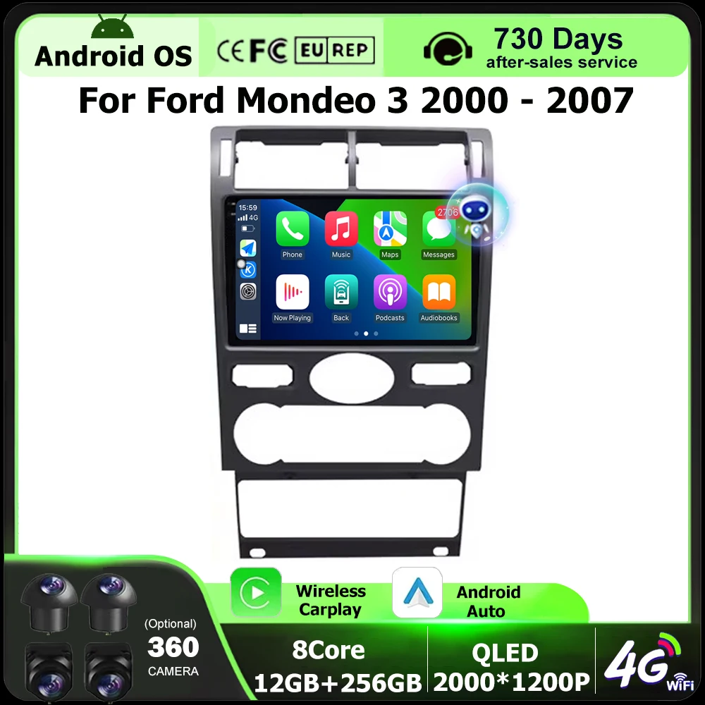 

9-дюймовый автомобильный мультимедийный видеоплеер Android 16 для Ford Mondeo 3 2000-2007 с GPS-навигацией, стереосистемой, CarPlay, камерой 360 и Bluetooth