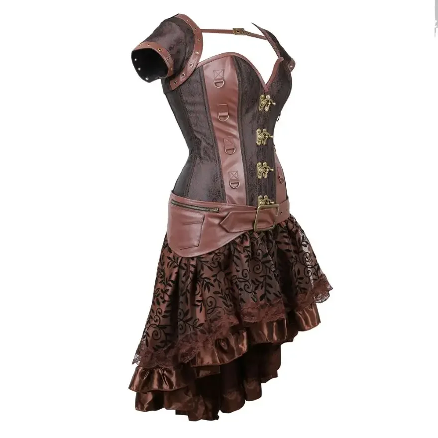 Steampunk Gothic Vintage Faux Leather Corset Top Burlesque Bustier Lingerie Asymmencal Floral Lace Skirt Women Sexy Corset Dress